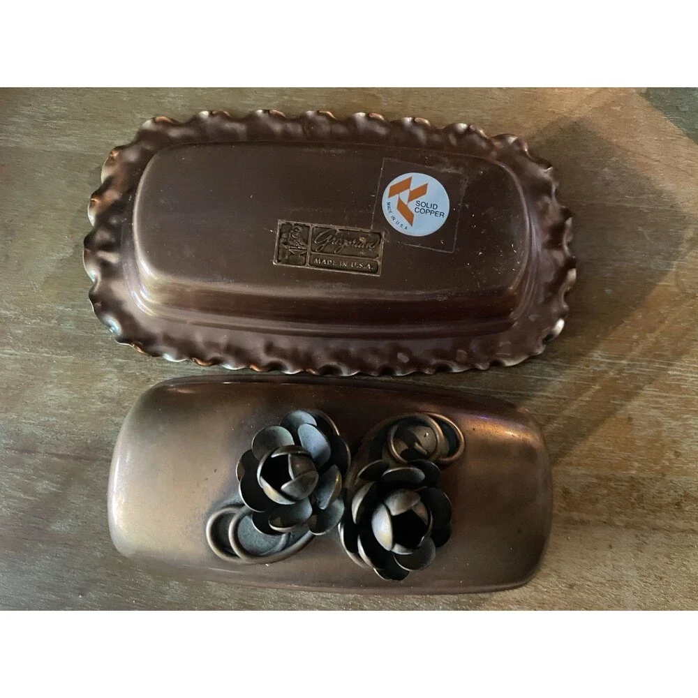 Gregorian Copper Butter Dish Hand Wrought Roses & Ruffles USA Glass Insert